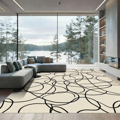 Black Abstract Scribble Line Cream Rug