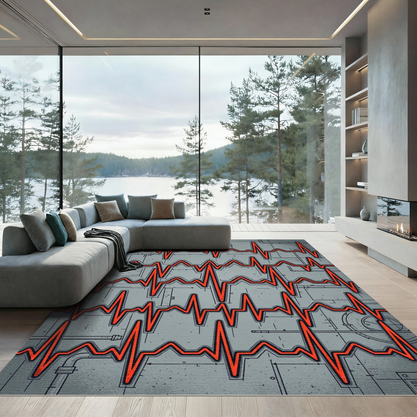 Red EKG Wave Blueprint Texture Rug