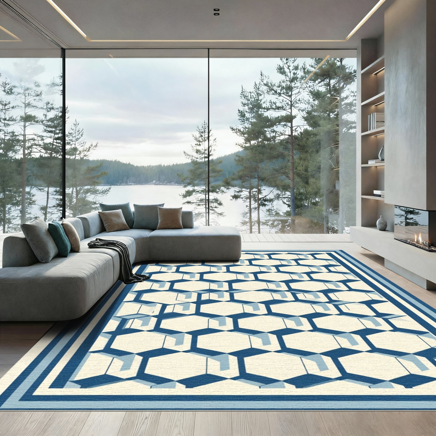 Blue Geometric Hexagon Stripe Border Rug