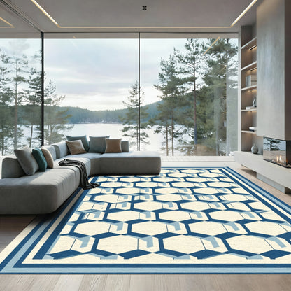 Blue Geometric Hexagon Stripe Border Rug