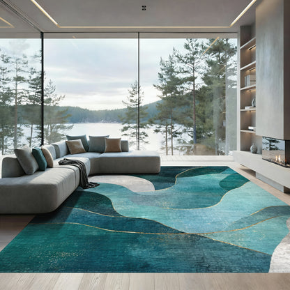 Teal Gold Fluid Wave Rug