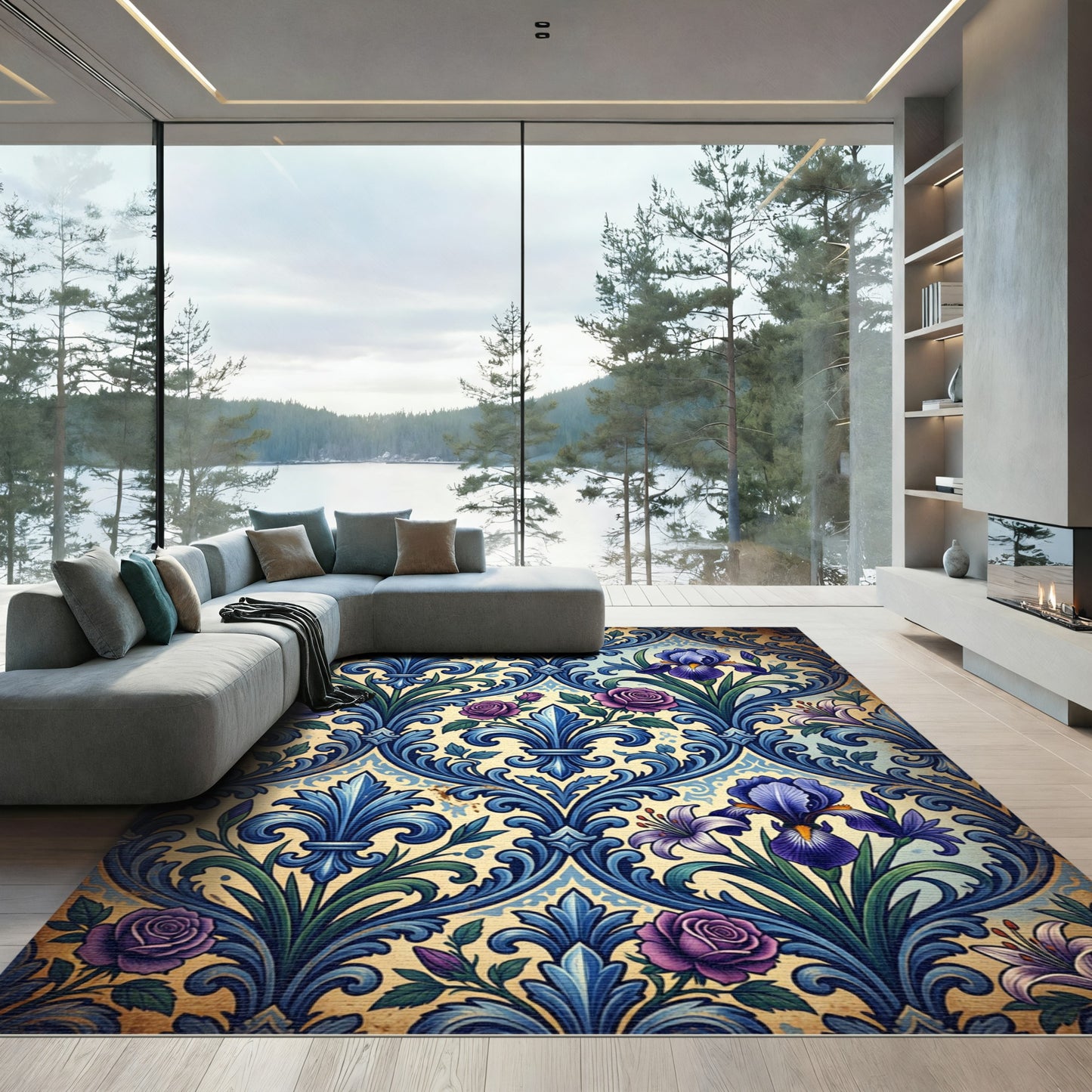 Regal Blue Floral Ornate Scroll Rug