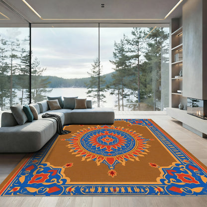 Brown Orange Blue Floral Medallion Rug
