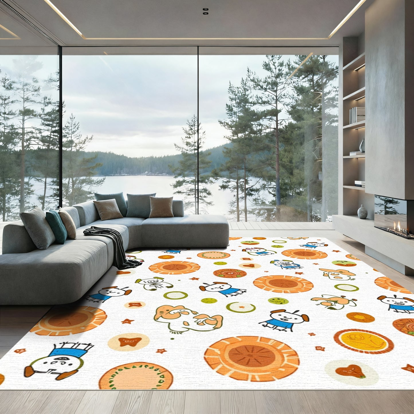 Whimsical Cartoon Dog Oranges Medallions Rug
