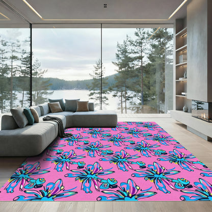 Vibrant Pink Blue Abstract Floral Rug