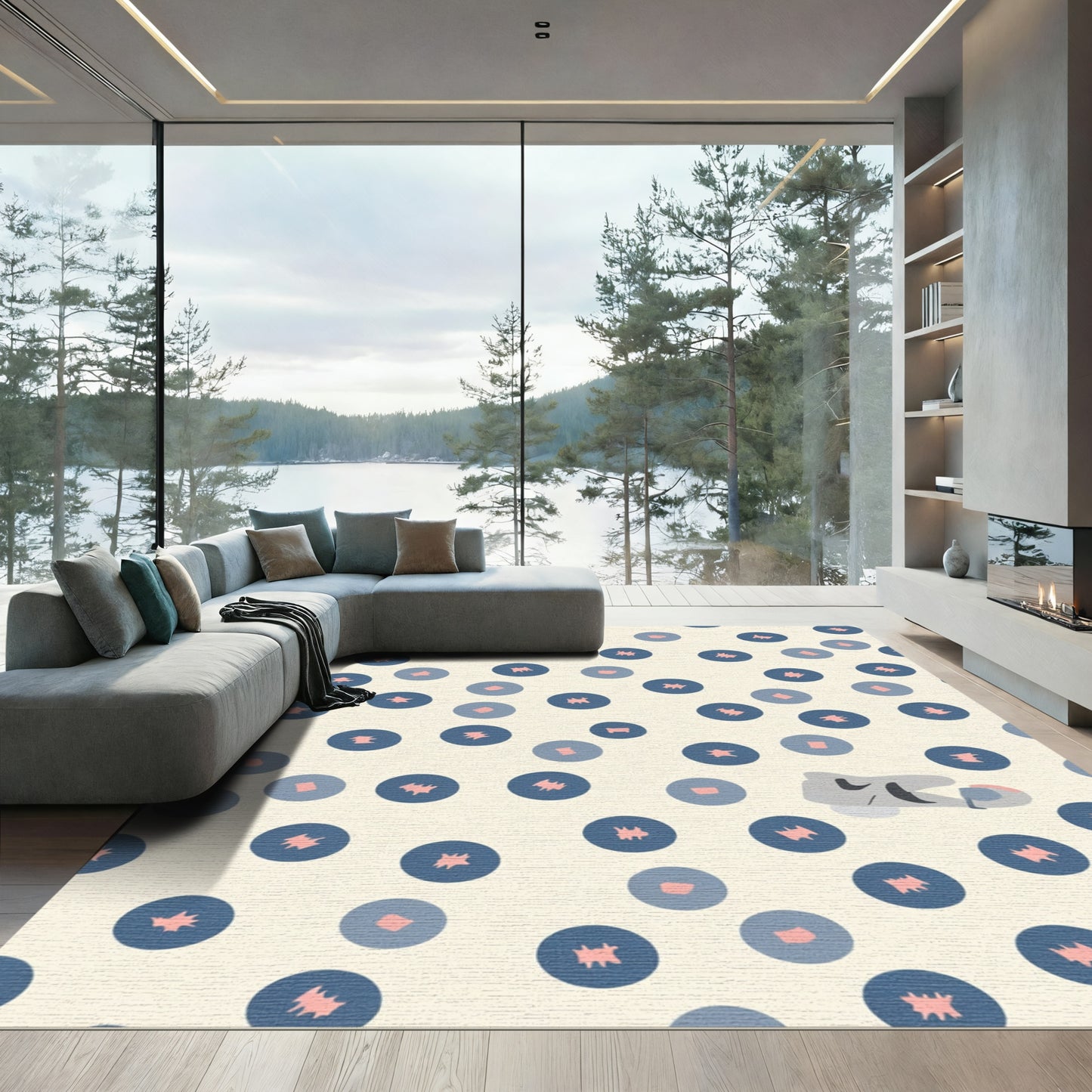 Navy Blue Pink Teal Circles Composition Rug