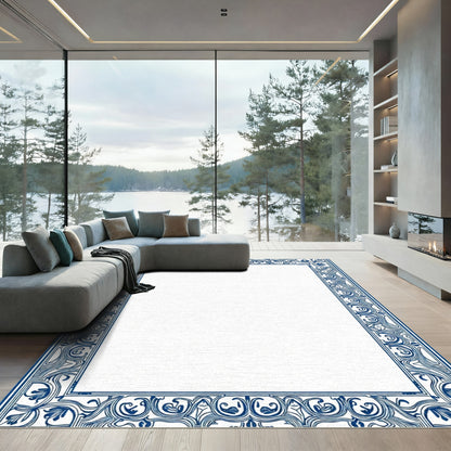 Elegant Navy Blue Floral Border Rug