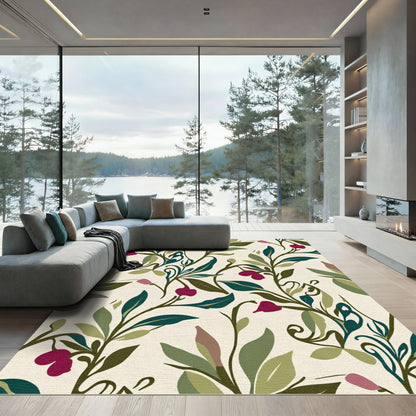 Earthy Green Vine Berry Pattern Rug