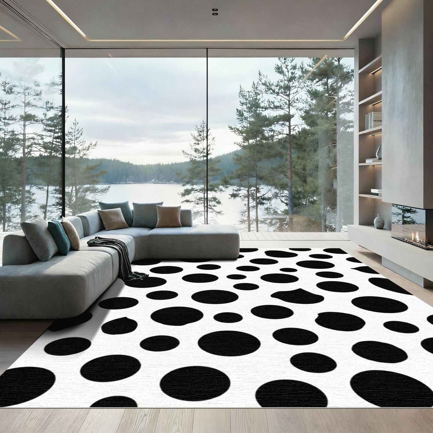 Black White Scattered Circles Rug