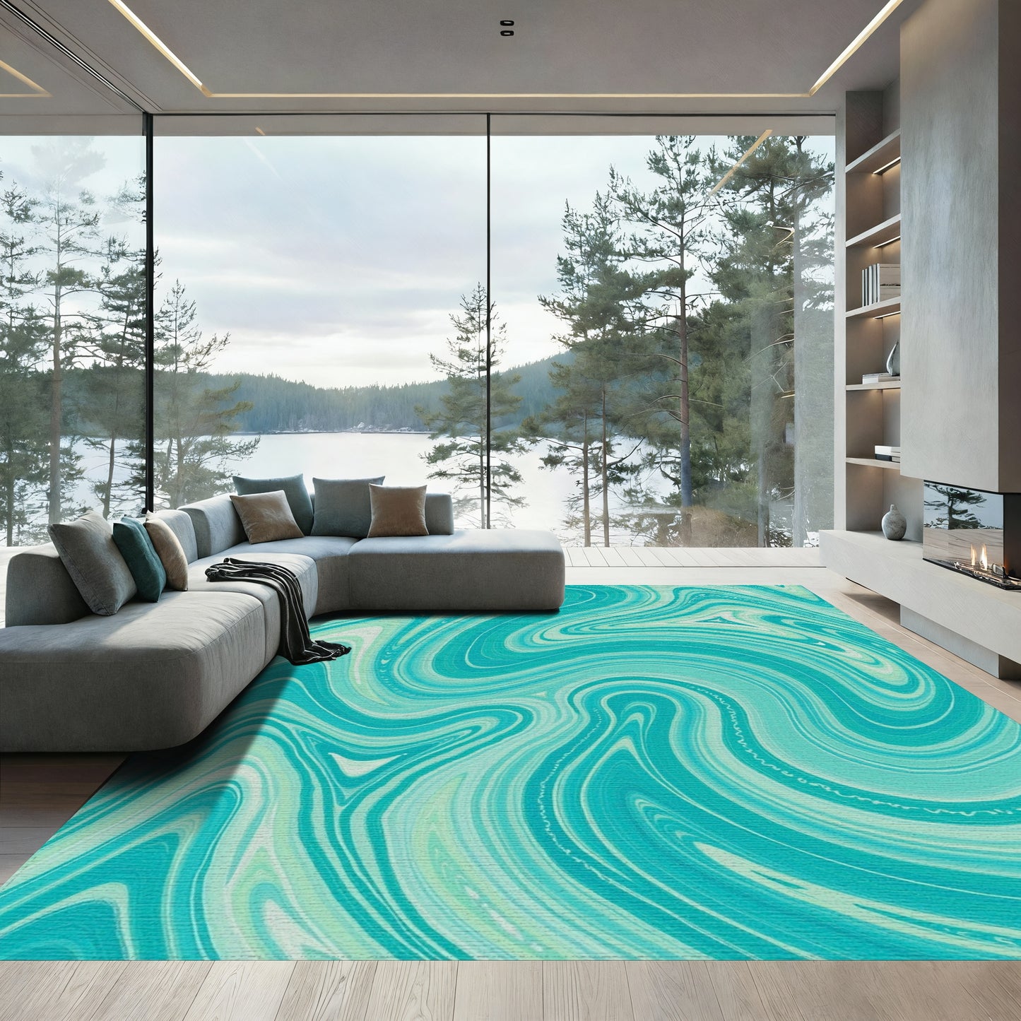 Teal Fluid Wave Swirl Rug