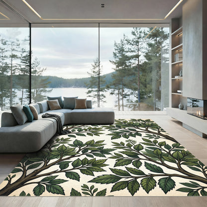 Green Leafy Branches Vintage Botanical Rug