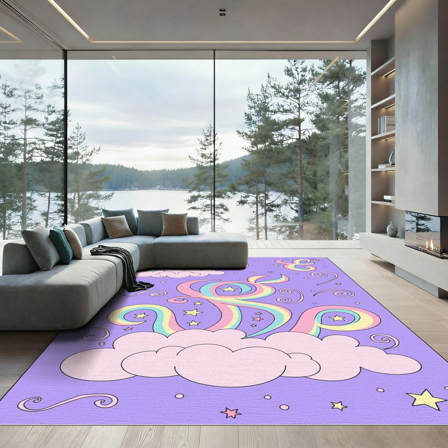 Pastel Rainbow Swirls Clouds Stars Rug