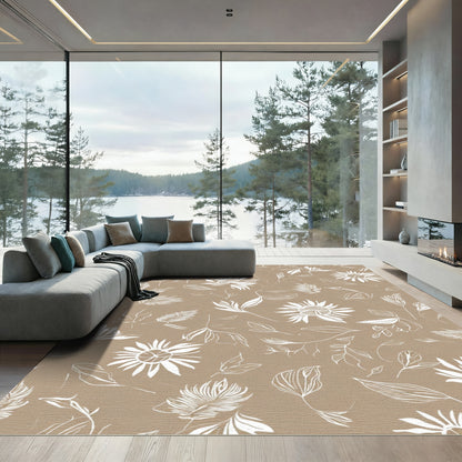 Beige White Line Art Floral Arrangement Rug