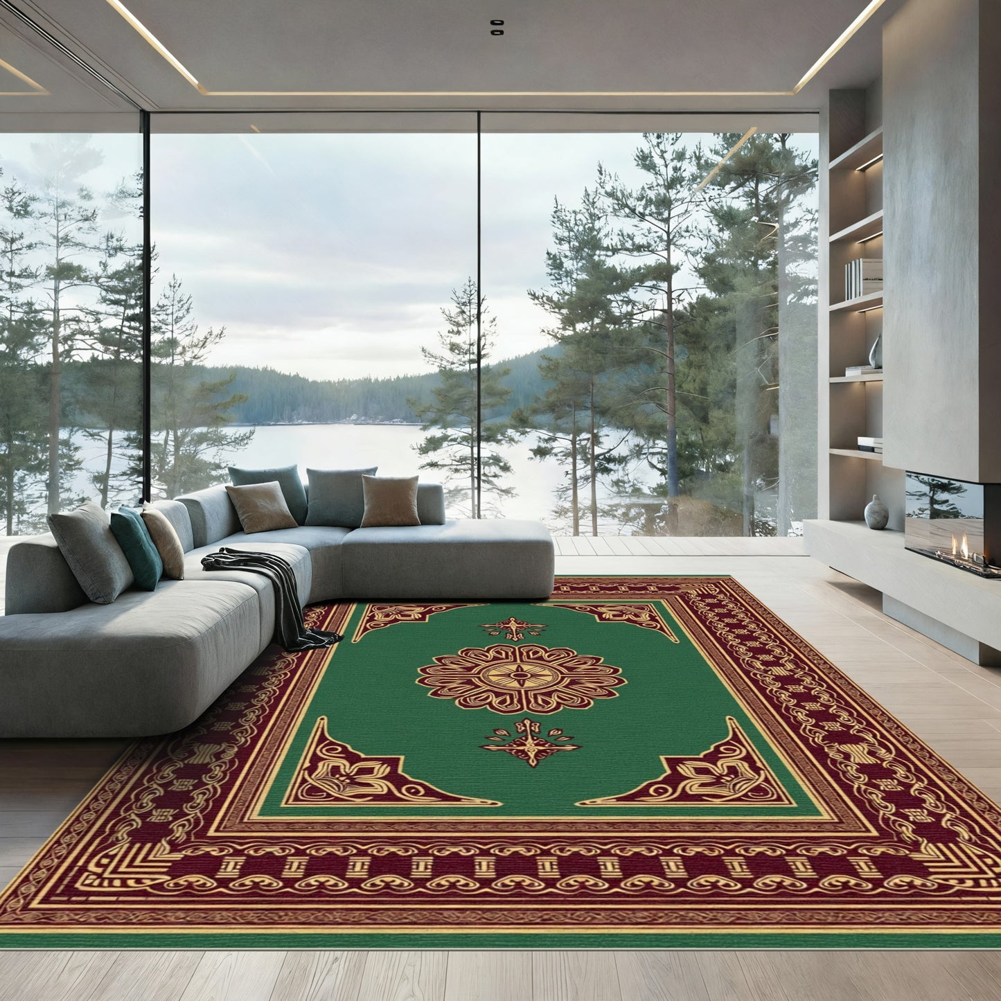 Regal Green Red Floral Centerpiece Rug