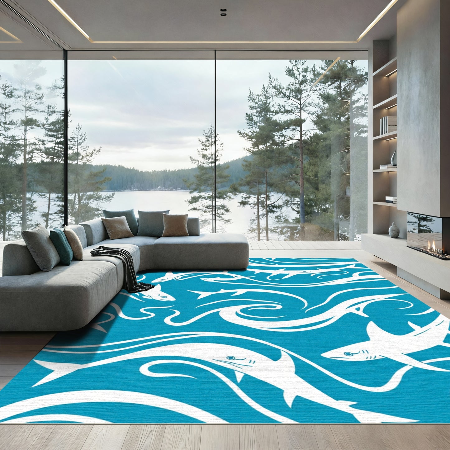 White Sharks Whirling Blue Waters Rug