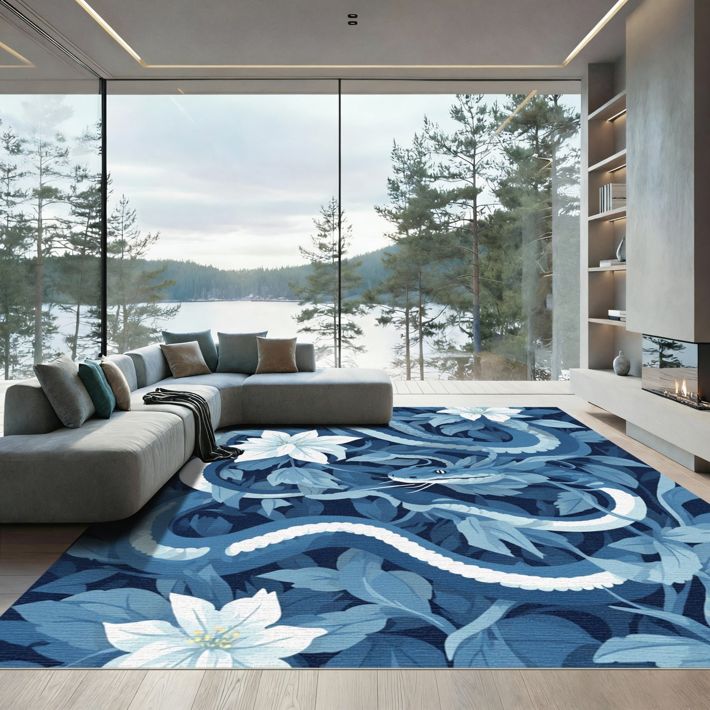 Deep Blue Serpent Garden Tapestry Rug