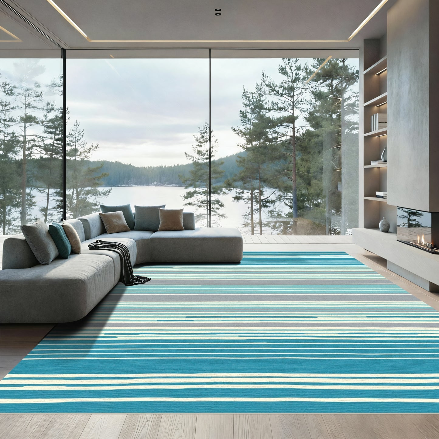 Coastal Blue Ivory Gray Stripe Rug