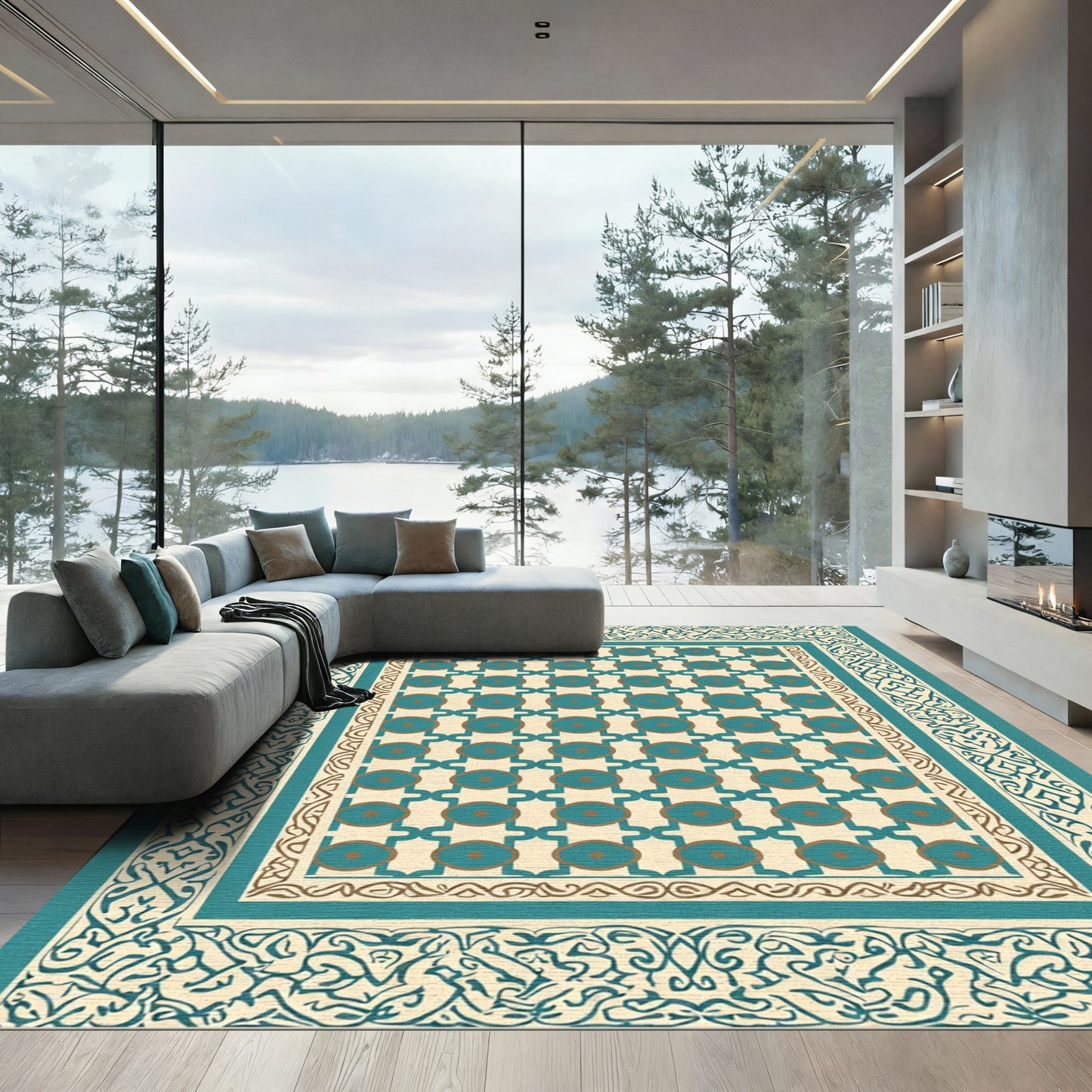 Teal And Gold Geometric Medallion Border Rug