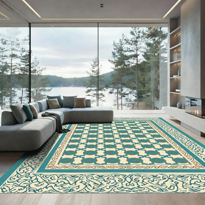 Teal And Gold Geometric Medallion Border Rug