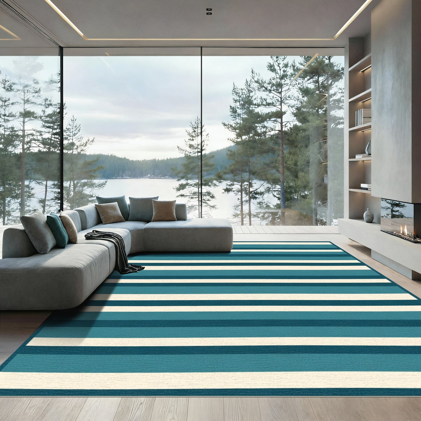 Navy Cream Aqua Horizontal Stripe Rug