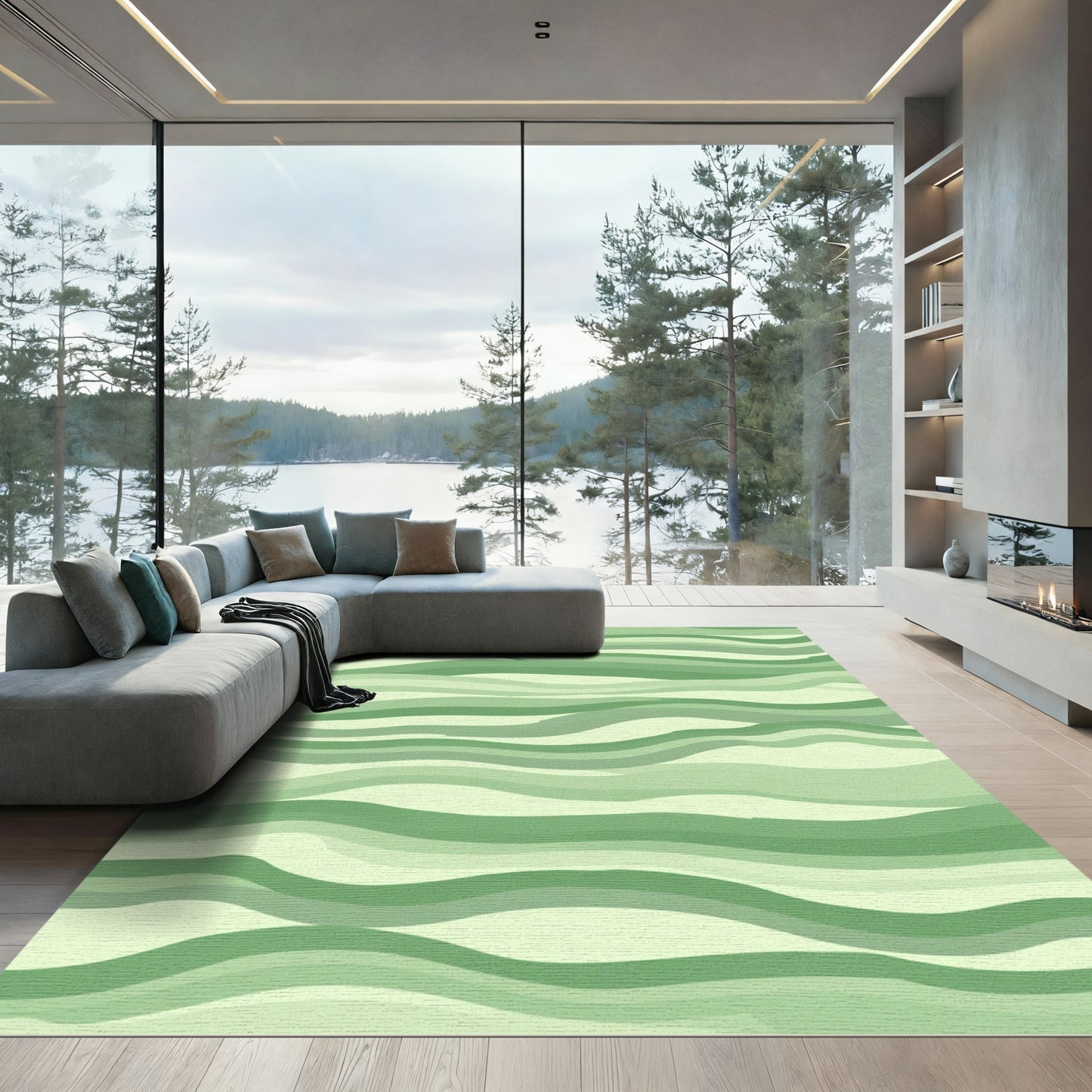 Serene Green Wavy Landscape Rug