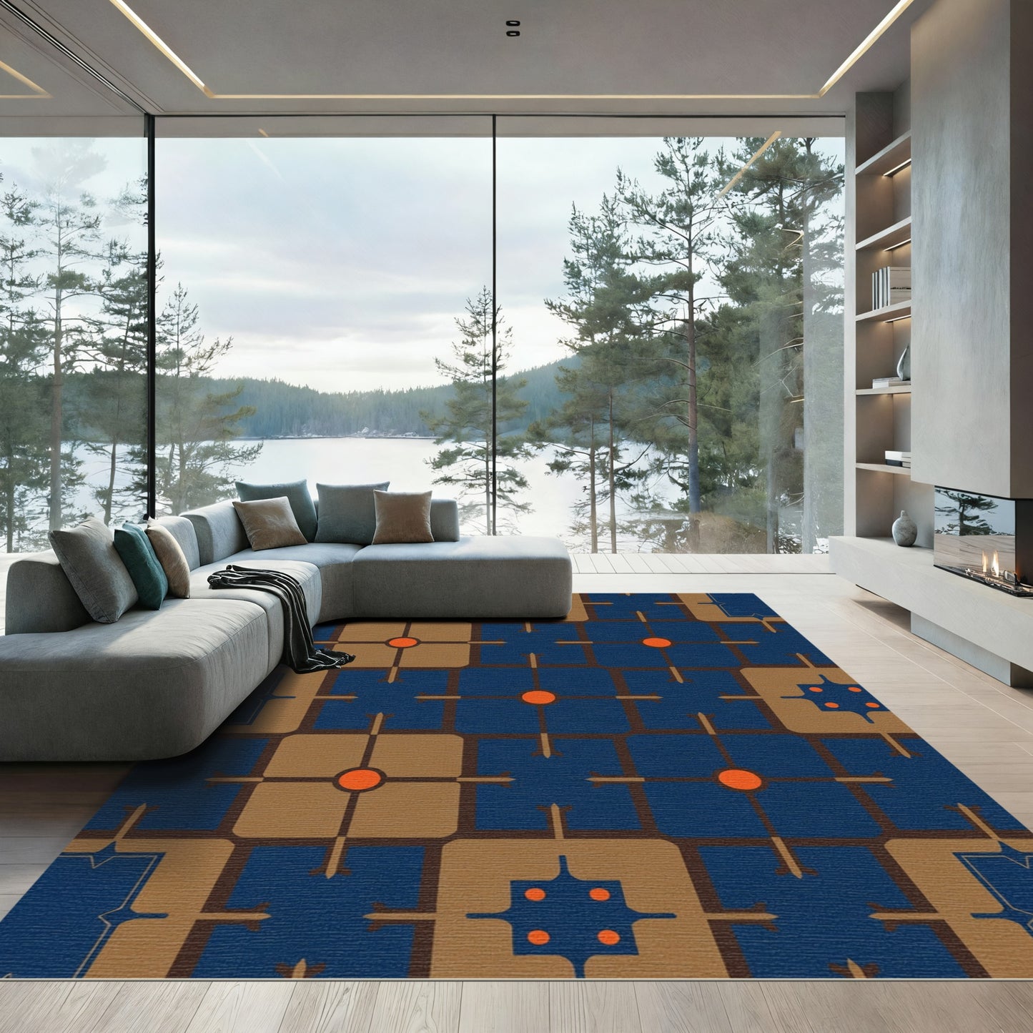 Modern Blue Brown Geometric Sunburst Rug