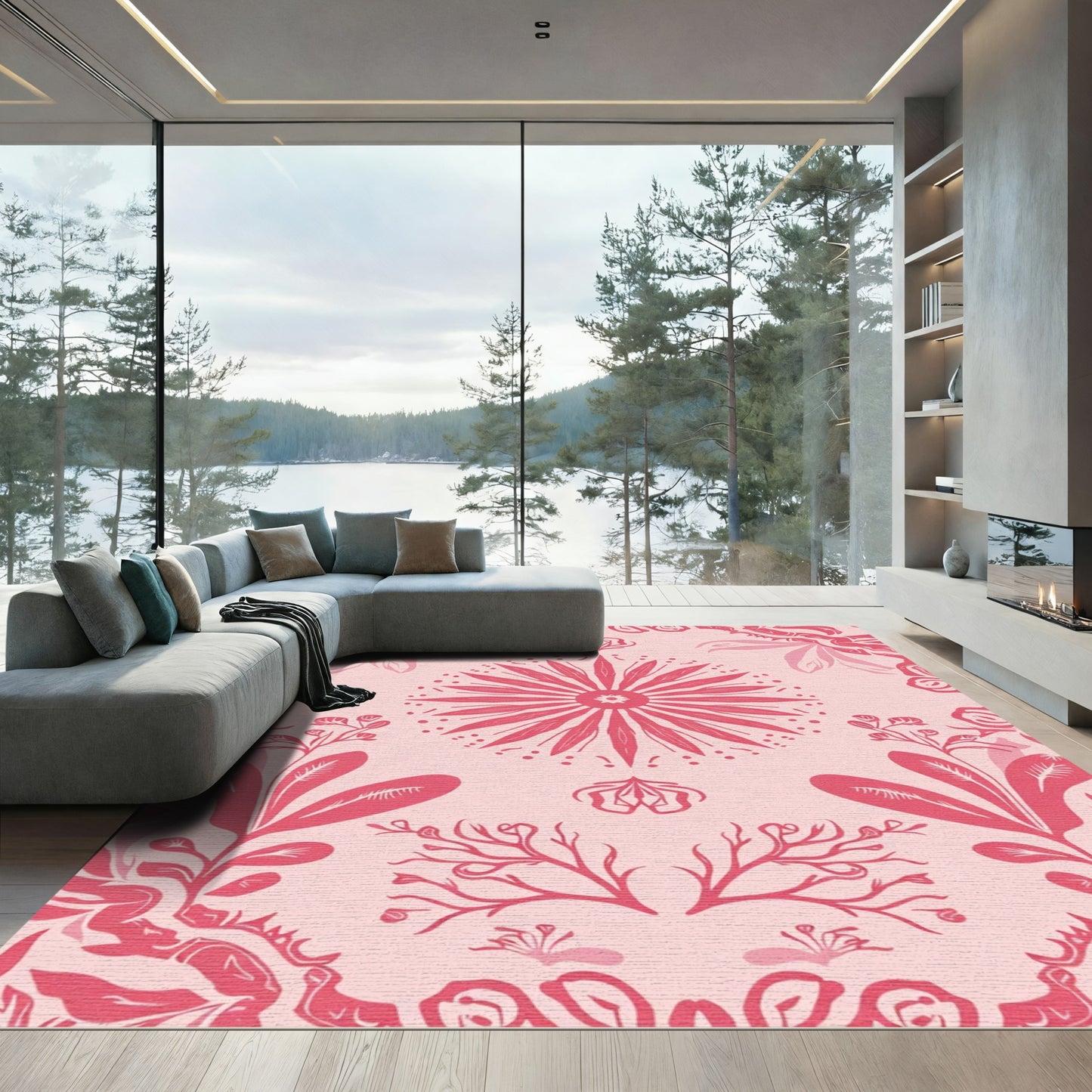 Coral Floral Mandala Garden Rug