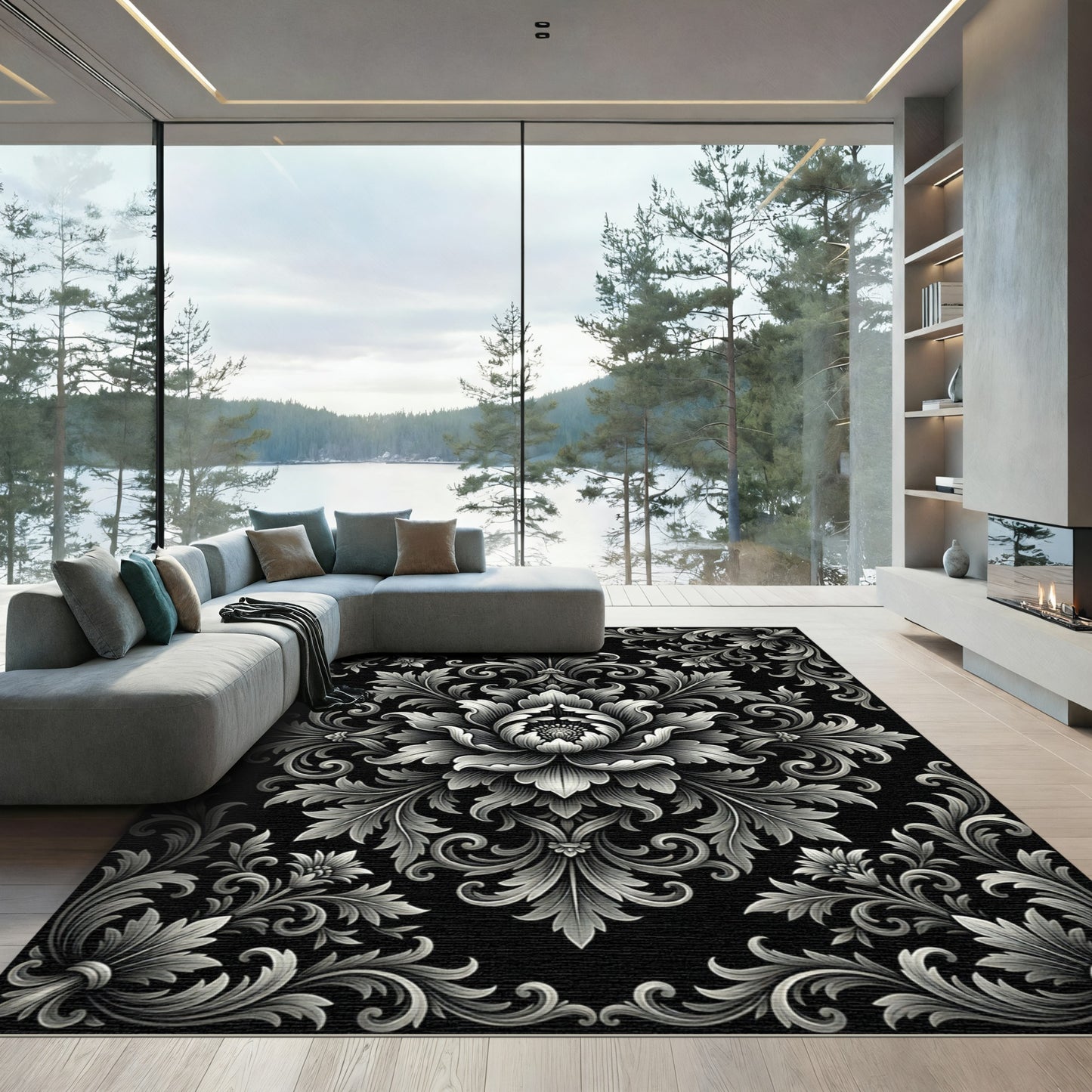 Ornate Silver Floral Acanthus Scroll Rug