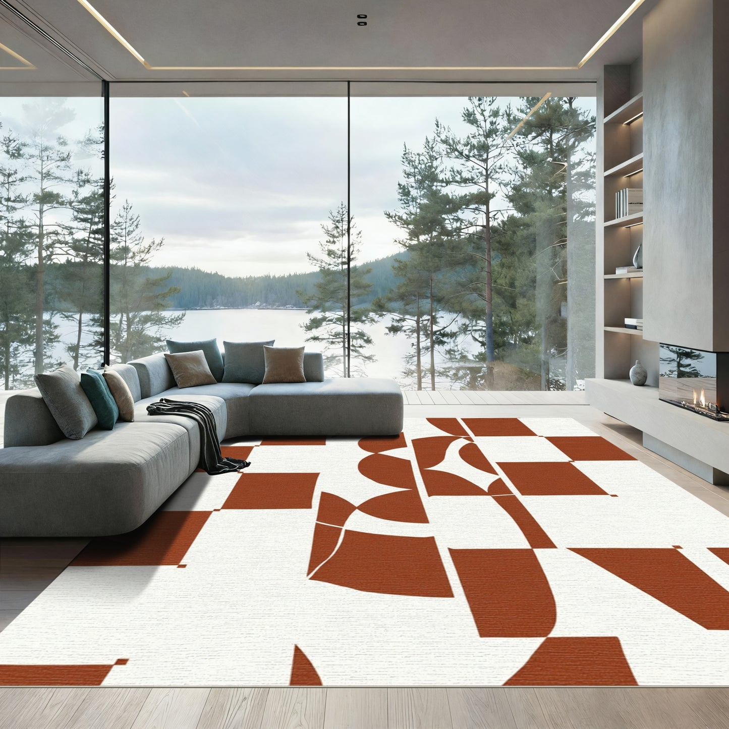 Terra Cotta Abstract Checkerboard Arcs Rug