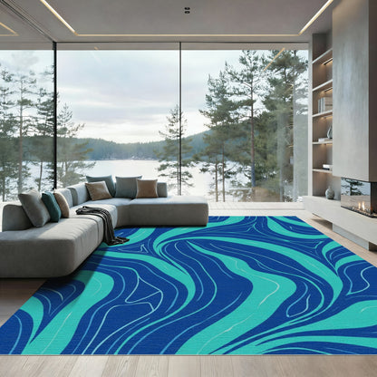 Deep Blue Teal Swirling Lines Rug