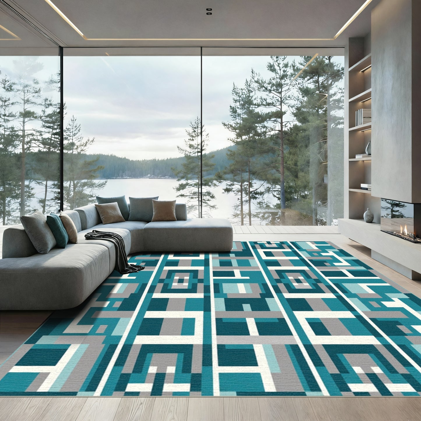 Deep Teal Geometric Block Rug