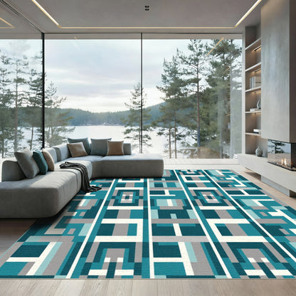 Deep Teal Geometric Block Rug