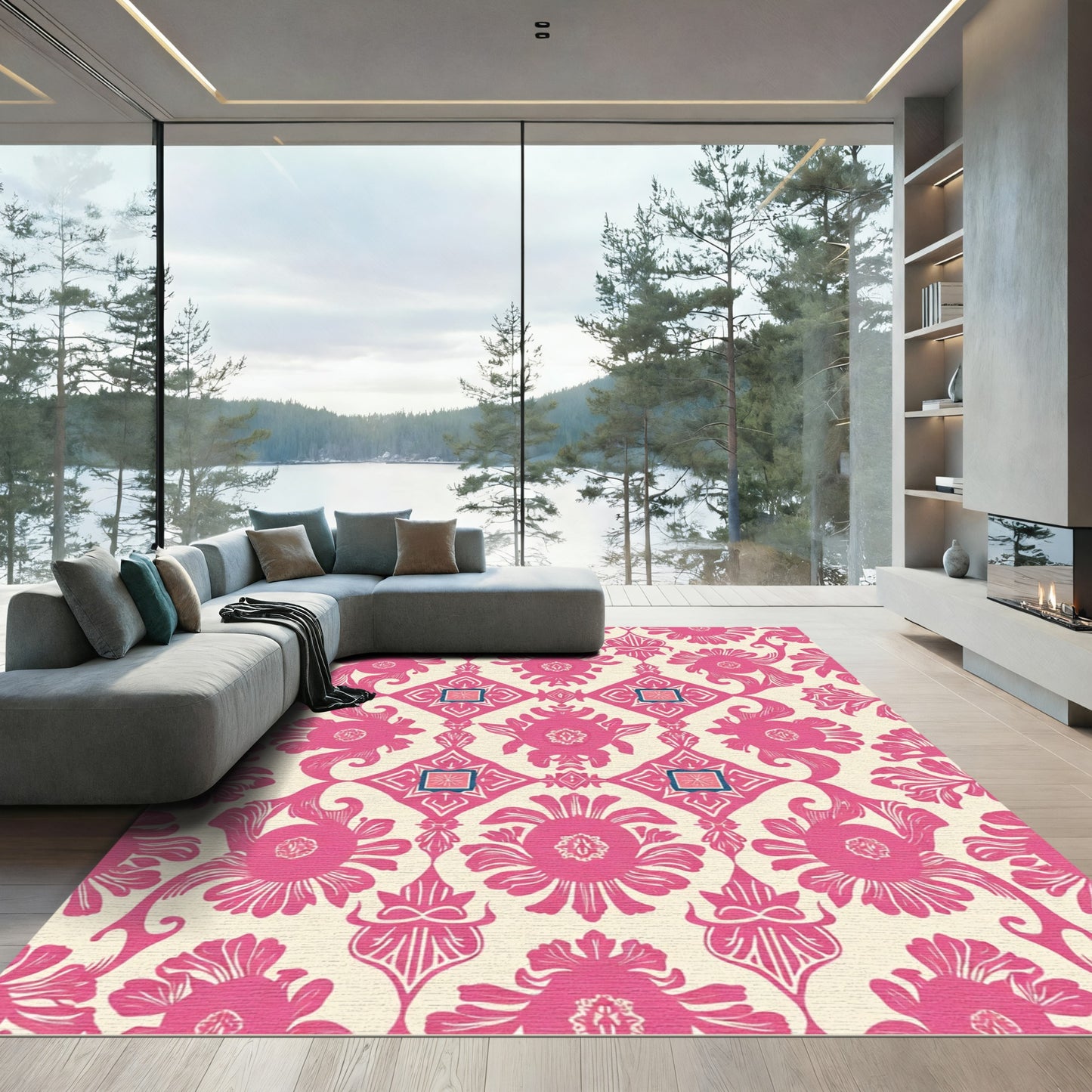 Hot Pink Floral Damask Tile Rug