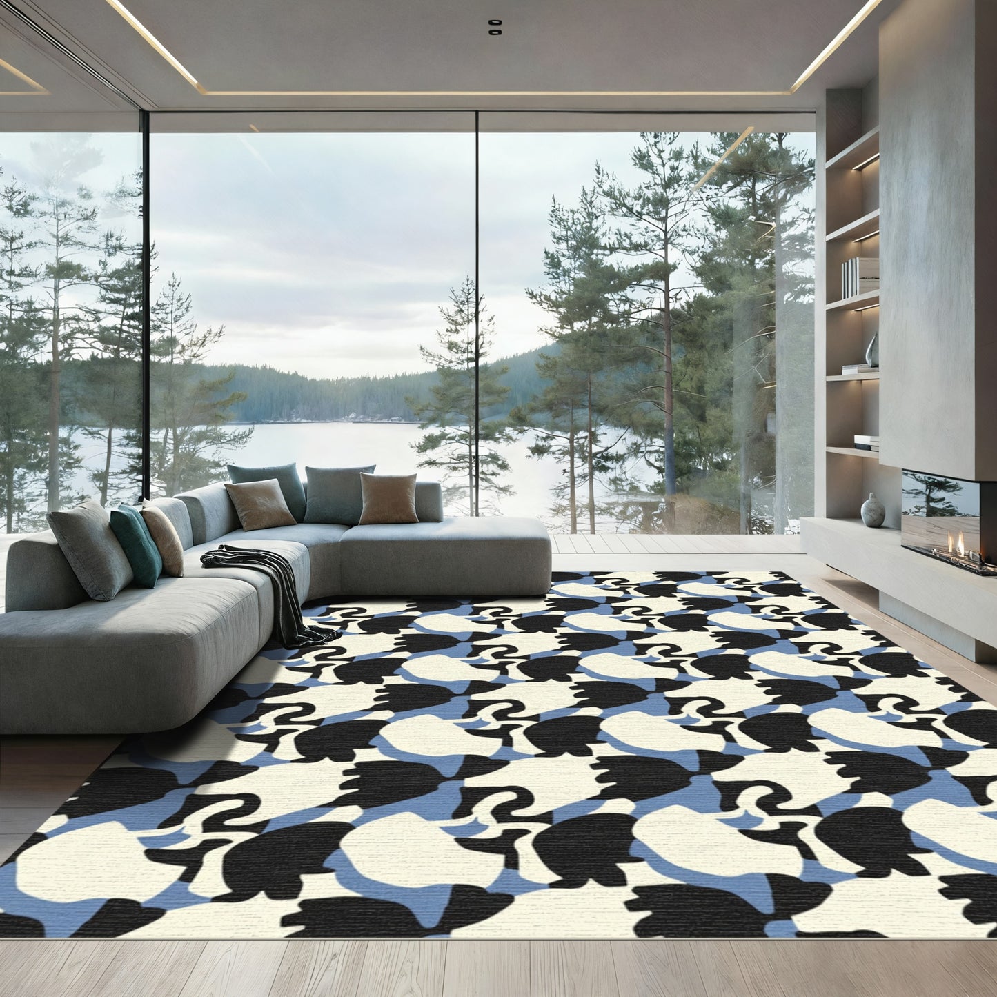 Modern Organic Black White Blue Rug
