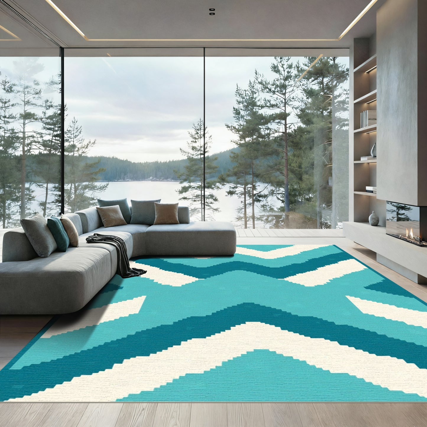 Teal Cream Zigzag Geometric Abstract Rug