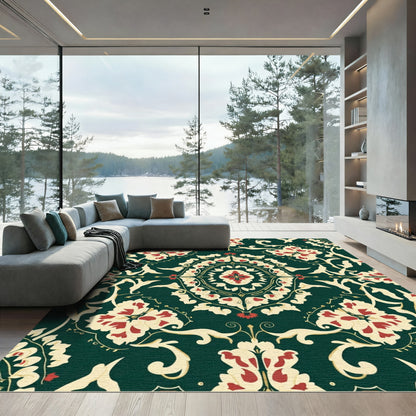 Deep Teal Red Floral Medallion Rug