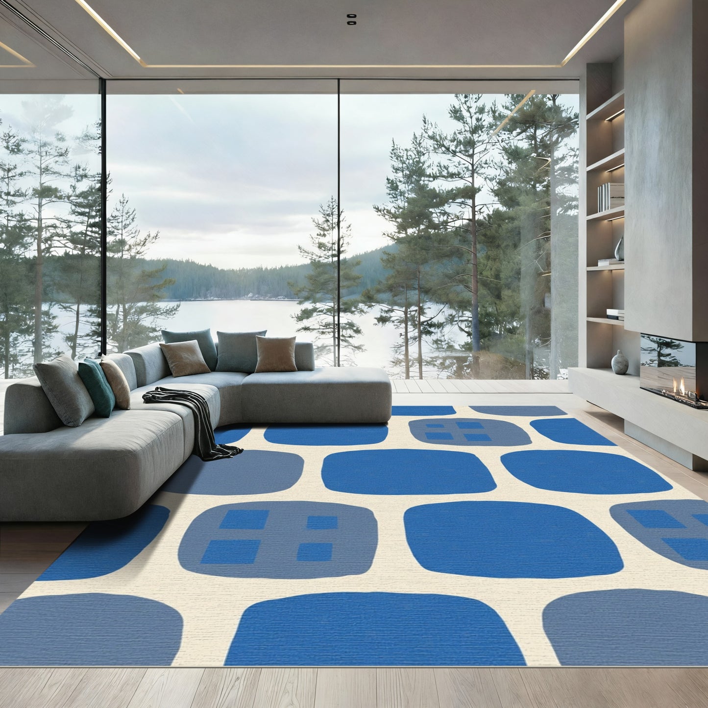 Modern Blue Blocky Brick Inlay Rug