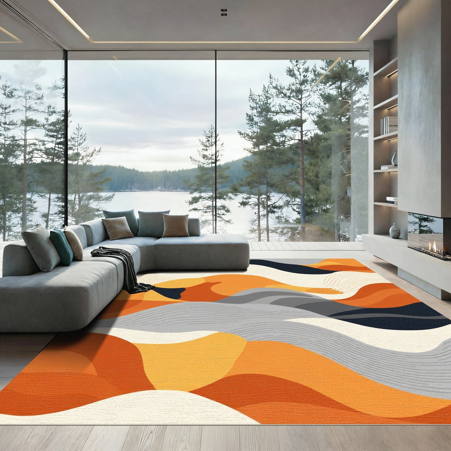 Abstract Orange Gray Wave Landscape Rug
