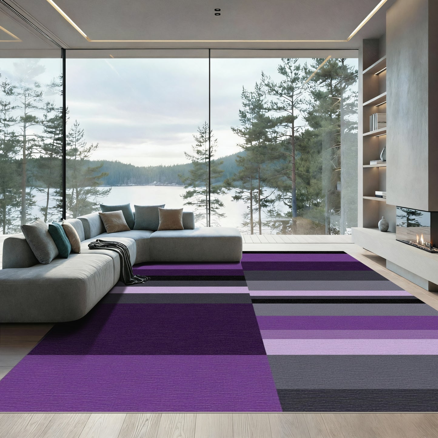 Modern Wide Purple Striped Rug