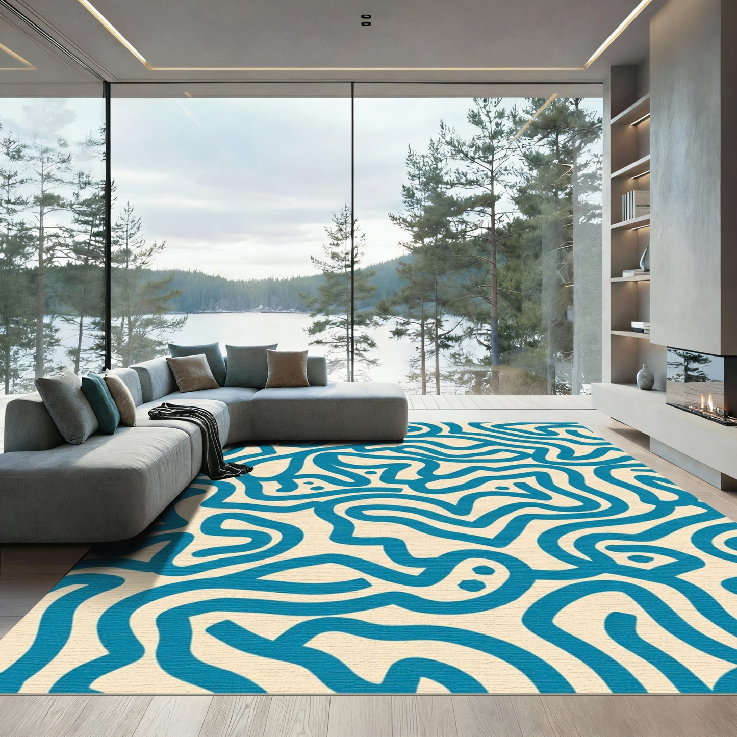 Teal Abstract Maze Graphic Rug