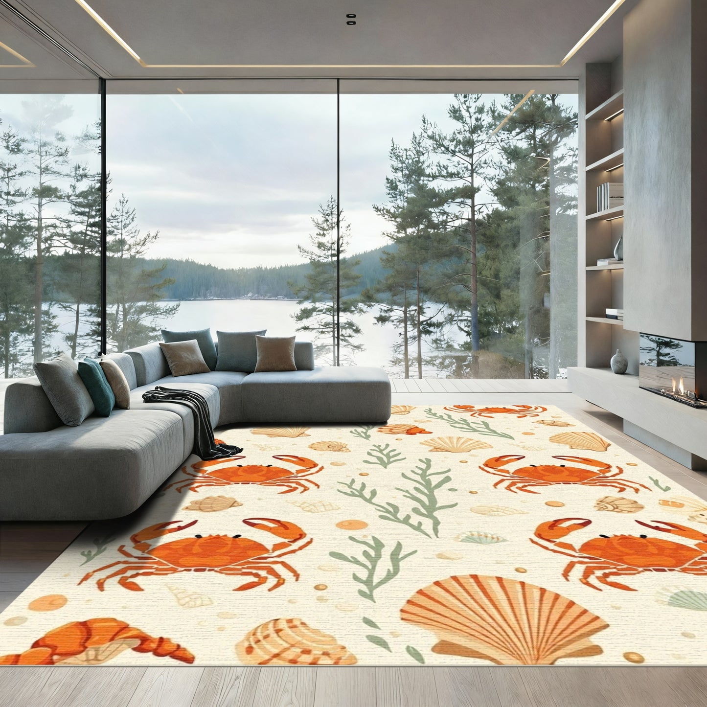 Coastal Orange Crab Shell Marine Life Rug
