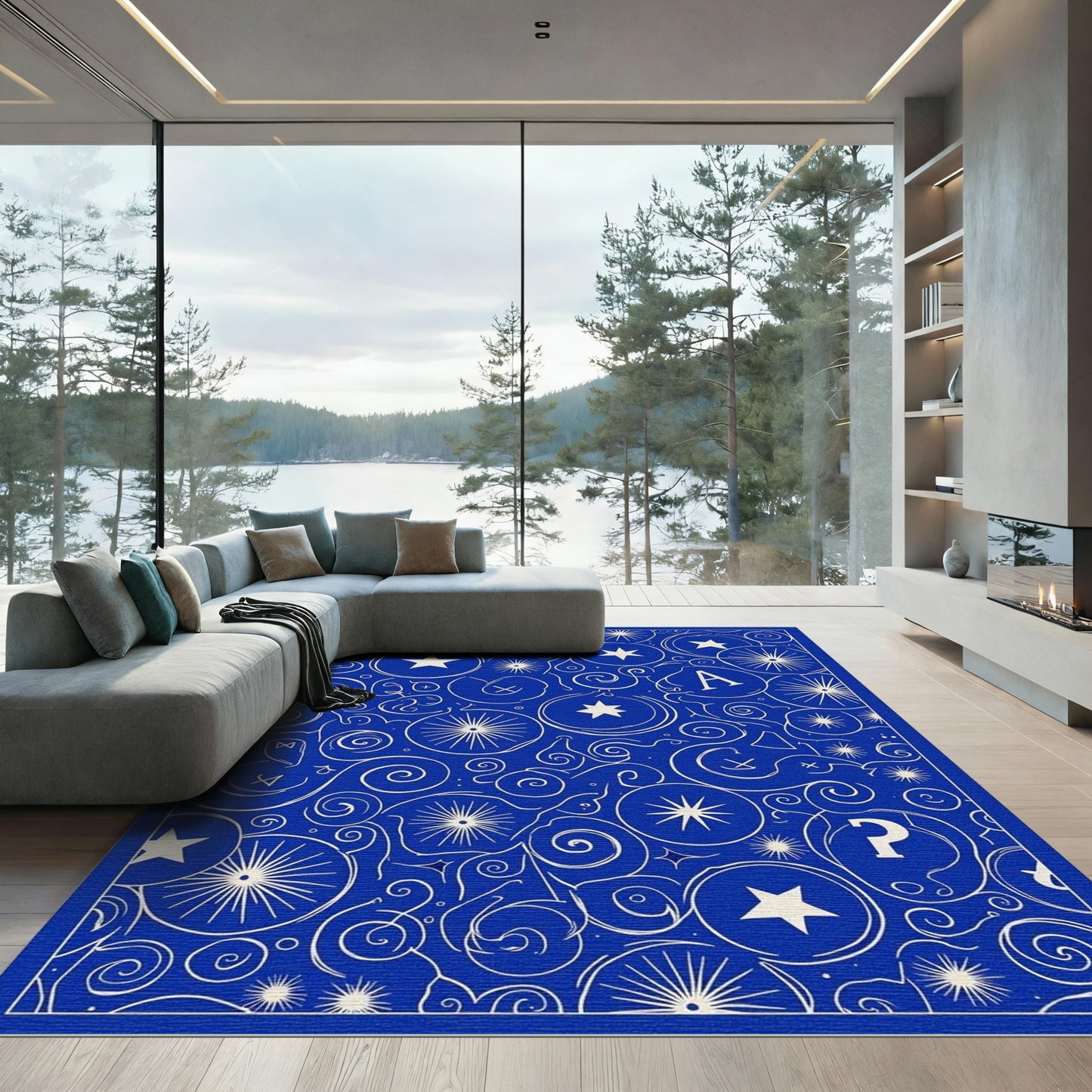 Vibrant Blue Starburst Celestial Elements Rug