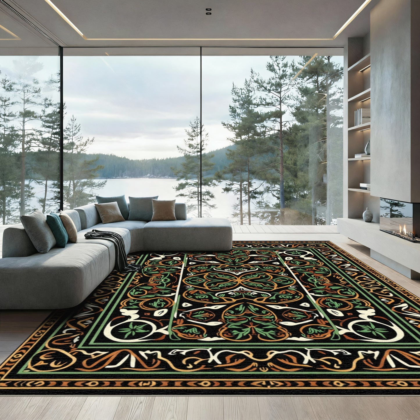 Ornate Black Amber Green Floral Medallion Rug