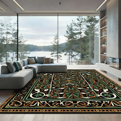 Ornate Black Amber Green Floral Medallion Rug