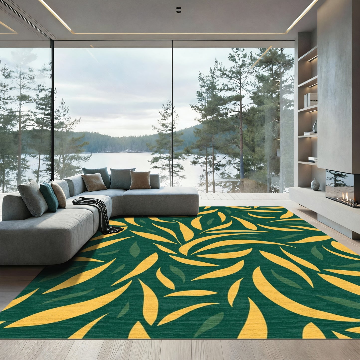 Golden Leaf Swirls on Deep Green Rug