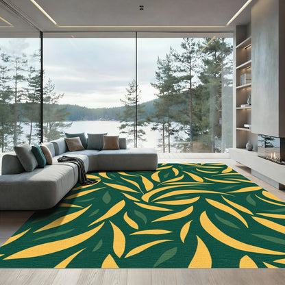 Golden Leaf Swirls on Deep Green Rug