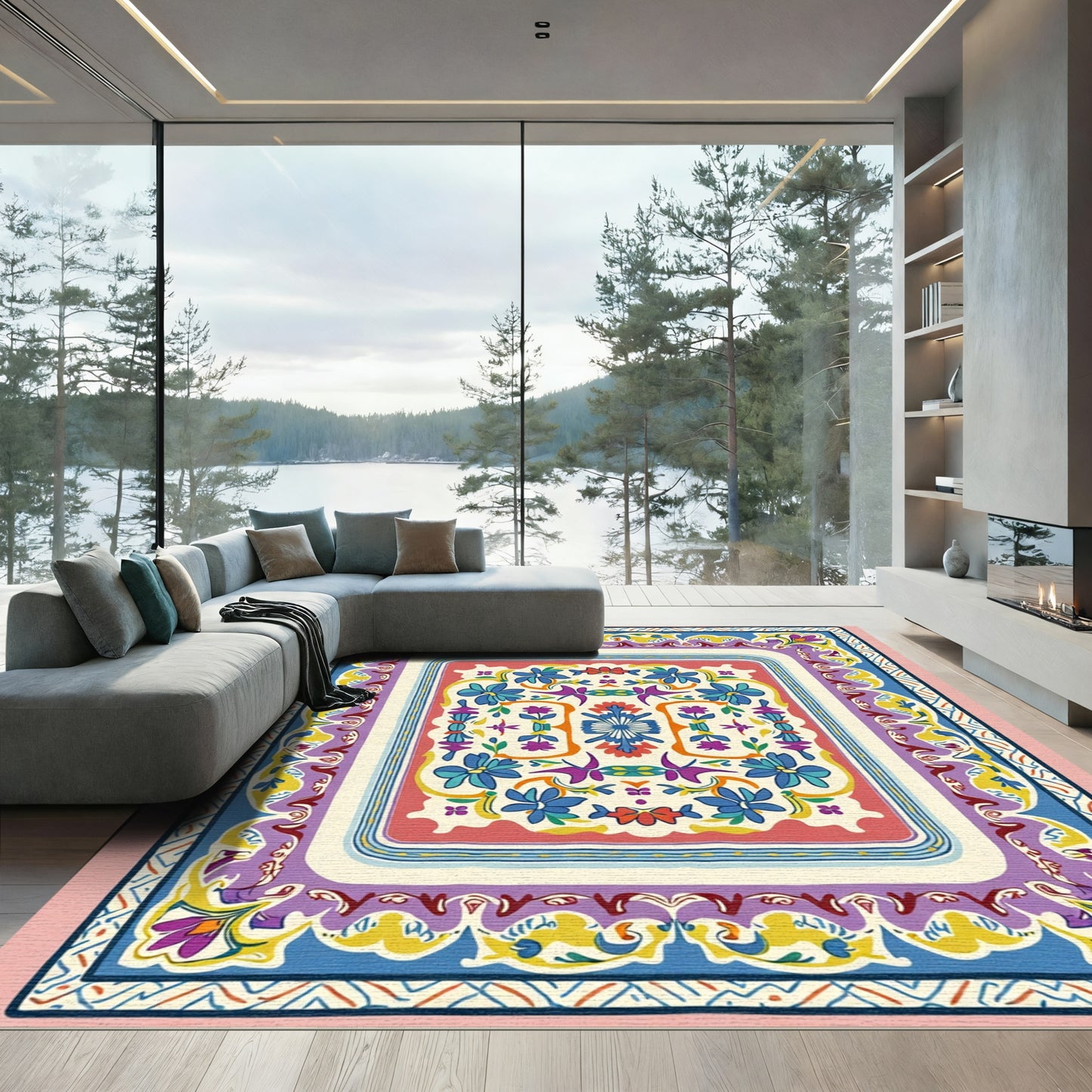Vibrant Floral Medallion Border Rug