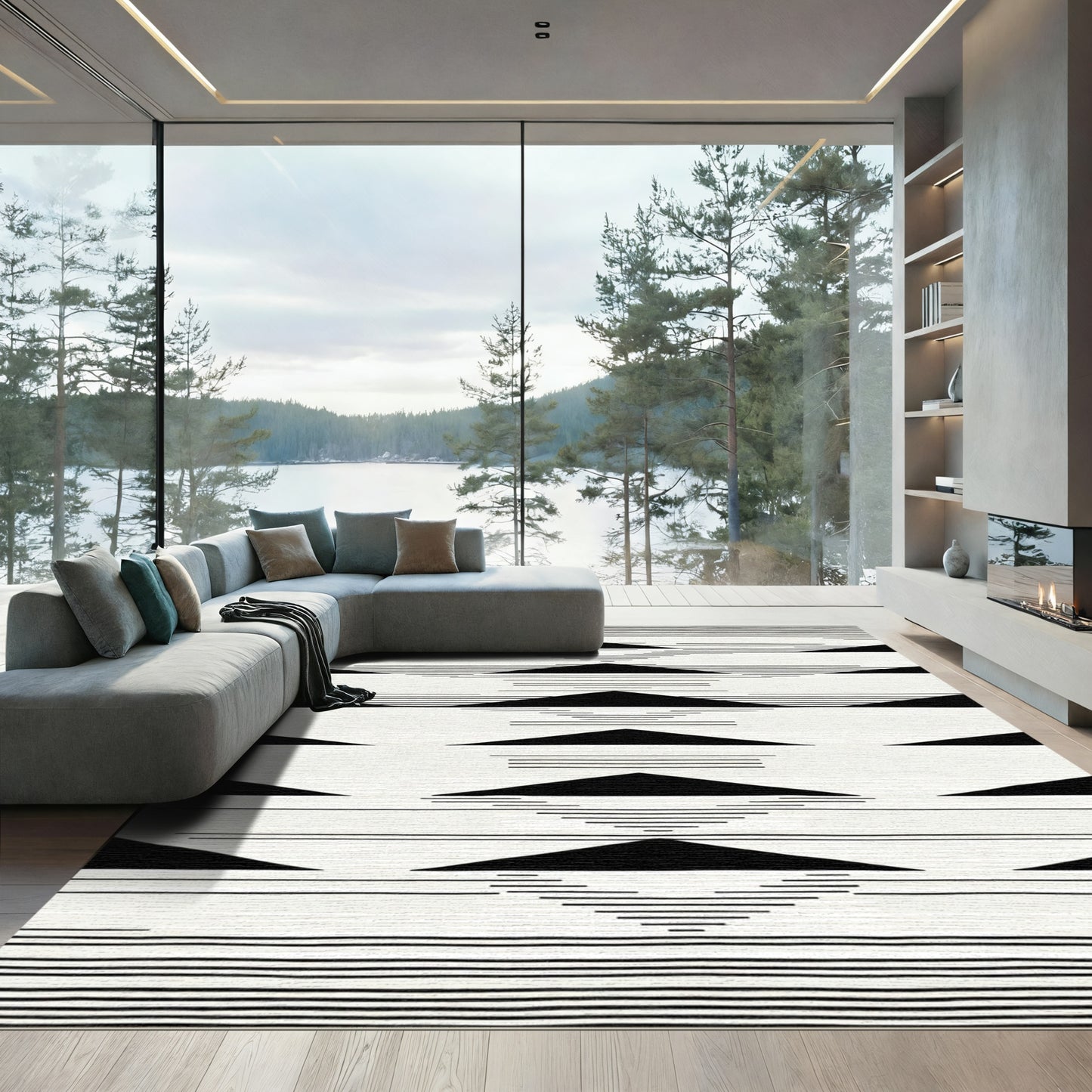 Black White Geometric Layered Triangle Rug