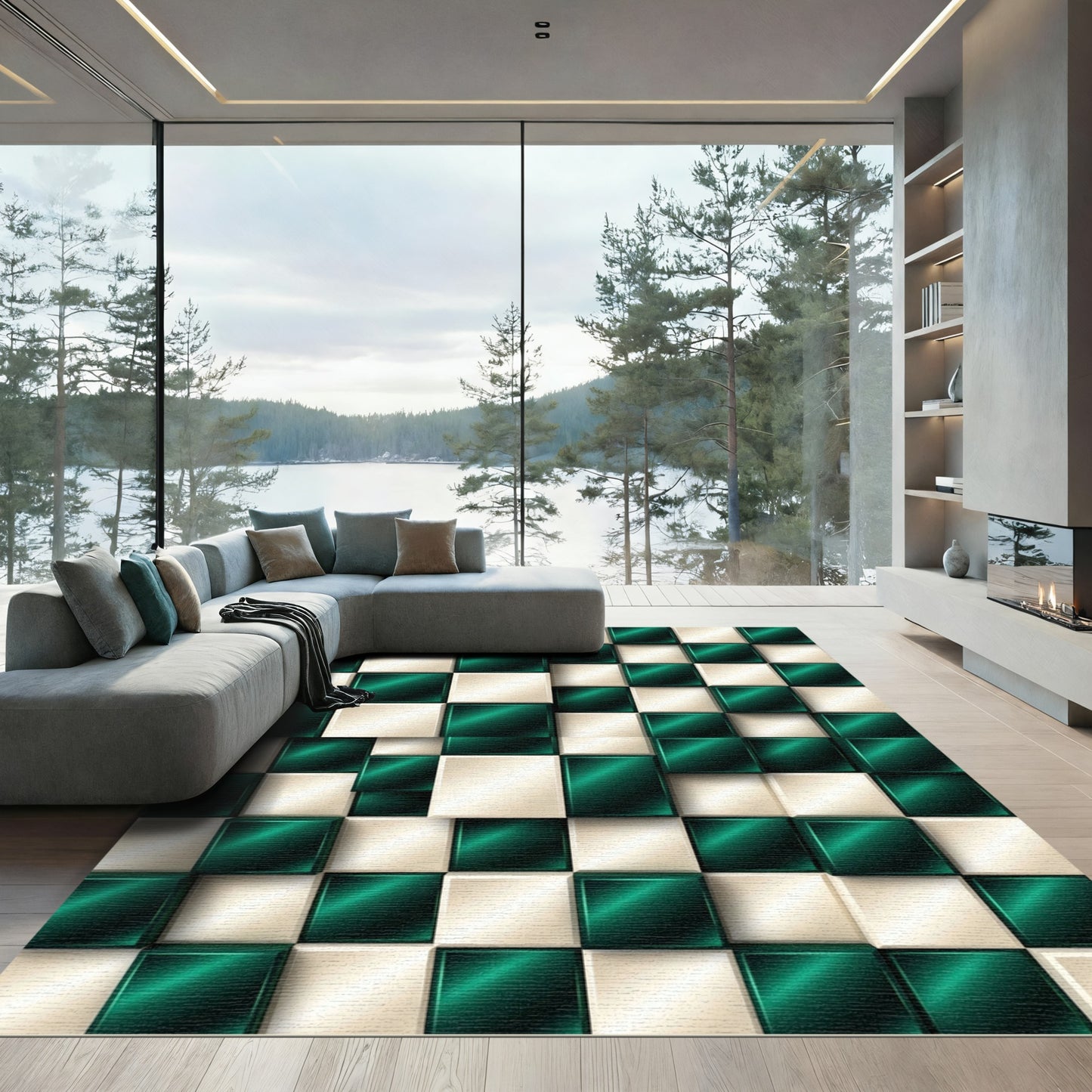 Emerald Cream 3D Checkerboard Squares Rug