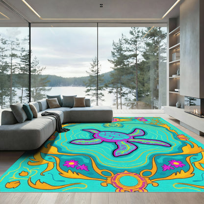 Vibrant Teal Pink Turtle Swirl Rug
